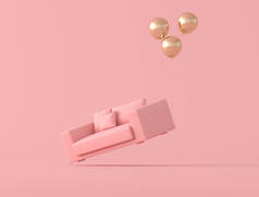 粉色沙发的抽象概念是由孤立在粉色背景上的金气球漂浮而成，m