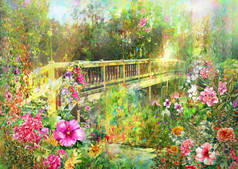 摘要春天附近运河大桥水彩画五彩的花朵 