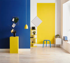 黄色和蓝色墙背景，内部风格，圆形木材，框架和灯.
