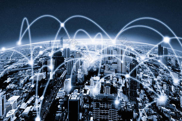 智能城市的现代创新电信与互联网网络连接.5G无线数字连接与物联网的概念.