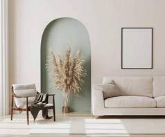 客厅内的米色墙壁上的空的招贴画框架，配有现代家具和装饰绿色拱门，有时髦的干花，白色沙发和扶手椅，3D渲染