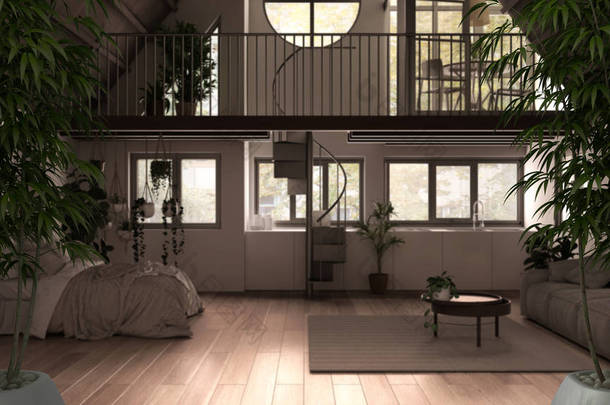 盆栽竹木，自然室内设计理念，带<strong>大</strong>卧房的乡村客厅，鲱鱼骨，<strong>沙发</strong>和楼梯。 当代室内设计