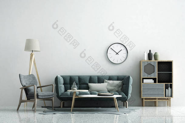 现代客厅的模拟家具和室内装饰设计空间及墙体纹理背景/ 3D渲染
