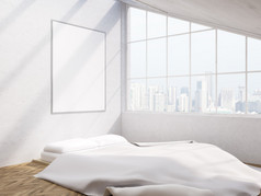 空白图片框和新加坡城市景观的卧室室内设计。模拟了 3d 渲染