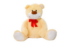 金色玩具泰迪熊坐在孤立的白色背毛的图像