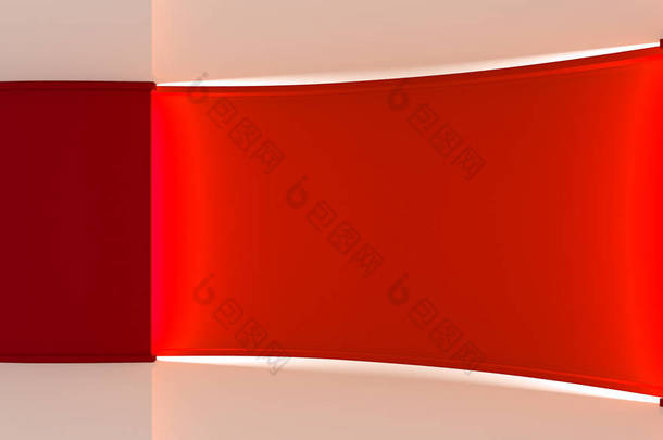 工作室。任何绿幕抠像生产的完美的背景。红色背景。明亮的背景。红墙。3d。 3d 渲染