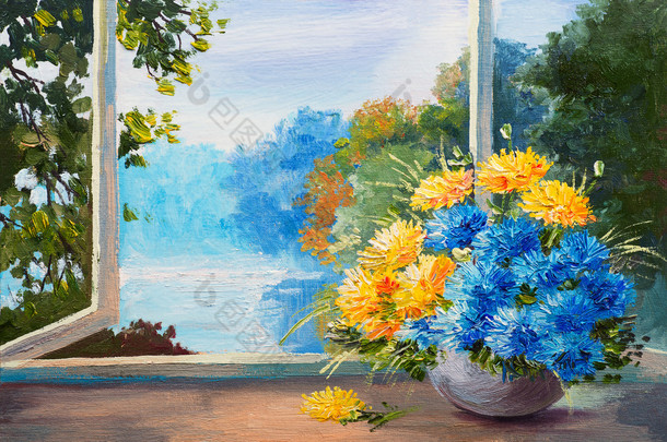 在靠窗的位置，油画上的春天的<strong>花朵</strong>的花束