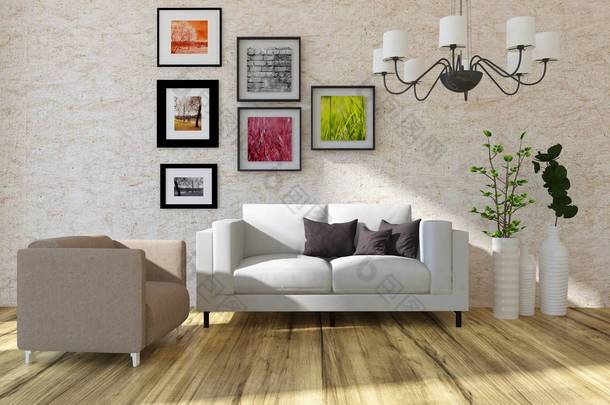 一个白色的斯堪的纳维亚客厅内部与沙发, 植物和木地板的想法。家北欧<strong>内饰</strong>。3d 插图 