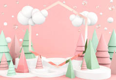 抽象3d 渲染插图, 圣诞节概念, 文本的复制空间, 许多树在粉红色的背景 
