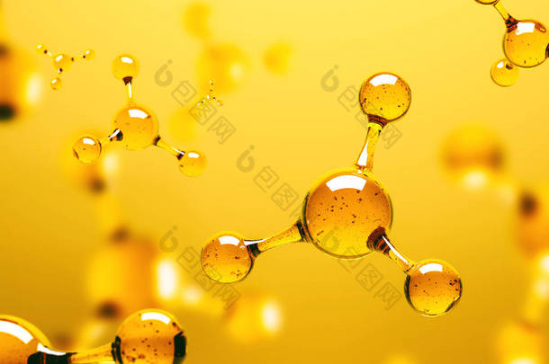 透明分子原子网格在黄色背景。科学, Dna, 生物技术的概念。3d 渲染模拟模糊