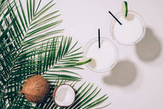 有机椰子, 绿棕榈叶和椰子鸡尾酒在玻璃上的顶部视图与饮用秸秆白色 