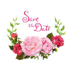 花圈-粉红牡丹花。保存为婚礼日期卡。水彩