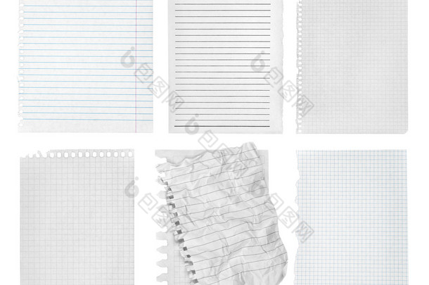 白色背景上的笔记页的各个部分的集合. 