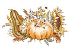 古老的感恩节收获花卉自然植物学的例证.秋天的向日葵南瓜贺卡. 