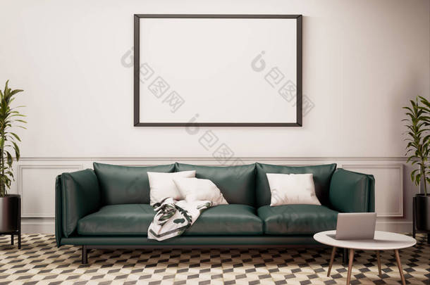 客厅室内设计。绿色皮革沙发在房间里，有白色的墙壁和花纹地板。复古客厅供模拟3D渲染