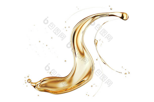 橄榄油或<strong>发动机</strong>油飞溅，金黄色葵花籽油隔离在白色背景，3D插图与裁剪路径.