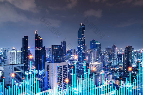 股票市场图全息图，曼谷夜景全景，受欢迎的地点在亚洲接受金融教育。国际研究的概念。加倍暴露.