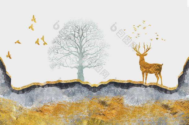 3D现代壁画墙纸，深蓝色丛林，森林背景。金鹿，黑色的圣诞树，高山，月亮和鸟儿。适合用作墙壁框架的景观 . 