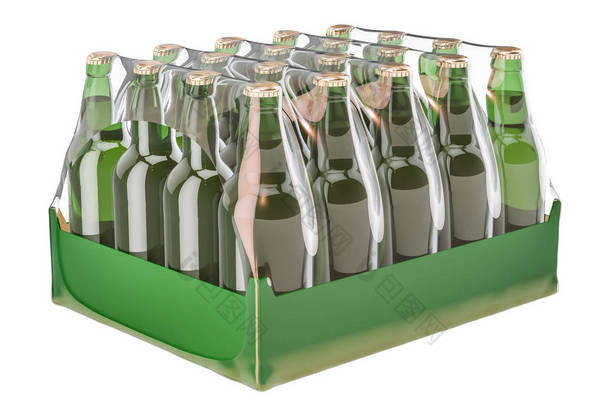 包装玻璃饮料瓶在收缩膜, 3d 渲染