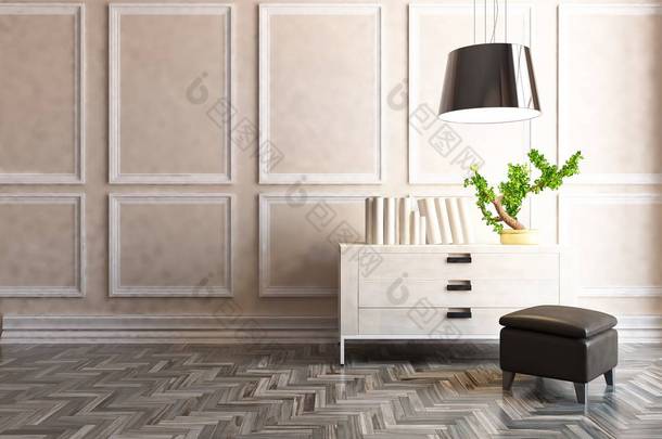 一个白色的空斯堪的纳维亚房间内部的<strong>想法</strong>与梳妆台在木地板上。家北欧内饰。3d 插图