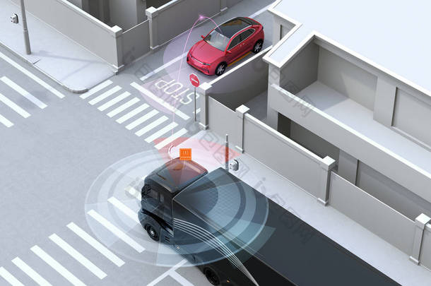 半卡车在盲点的单行道上发现了汽车。连接的汽车概念。3d 渲染图像.