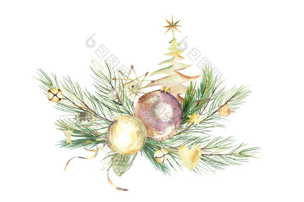 水彩画的金圣诞装饰。9.新年庆祝贺卡。金圣诞球。玻璃圣诞装饰品