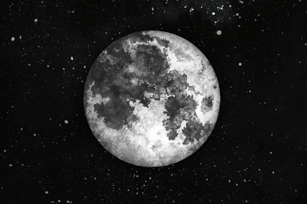 夜空与满月和星星。水彩手绘插图.