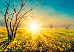 清晨温暖的阳光洒在田野上，没有树叶的树在近景下，手绘丙烯酸画派画派背景.
