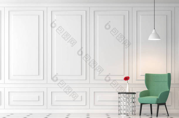 现代经典客厅3d 渲染, 有空白墙, 配有绿色布艺椅.