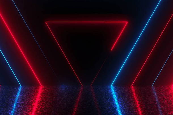 具有反射、计算机生成<strong>背景</strong>、3d 渲染的抽象三角形霓虹灯隧道