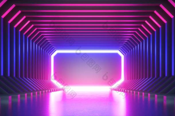 3d 渲染、抽象霓虹灯背景、空白框架、虚拟现实屏幕、紫外线光谱、激光秀、时尚讲台、<strong>俱乐部</strong>舞台、地板反射