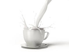 把牛奶倒进一个有飞溅的白色瓷杯杯杯里。用勺子在碟子上隔离在白色背景上。包括裁剪路径.