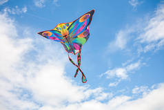 夏天，风筝在蓝天的映衬下，放飞风筝，享受暑假的乐趣