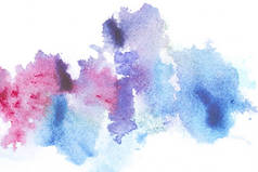 抽象绘画与明亮的蓝色和粉红色油漆污点在白色 