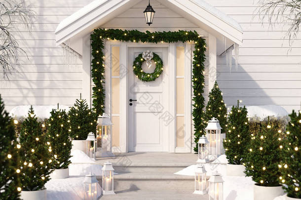 圣诞节装饰门廊与小树和灯笼。3d 渲染