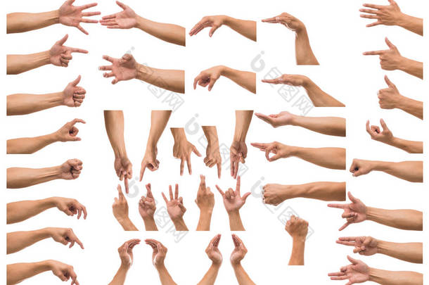 不同的手在白色背景上的手势, 包括裁剪路径