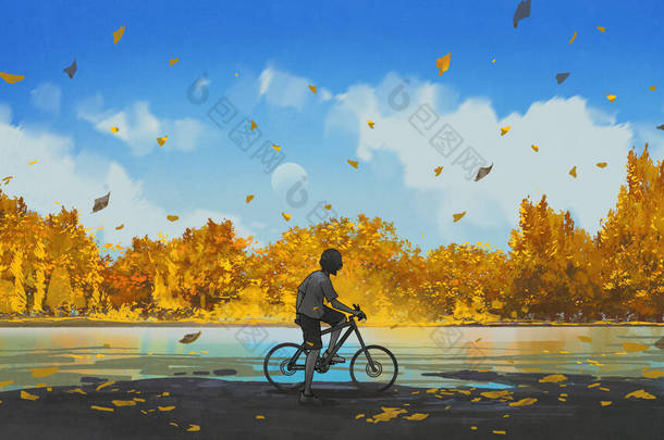 男孩骑<strong>自行车</strong>看秋天<strong>的</strong>风景，数码艺术风格，插图绘画
