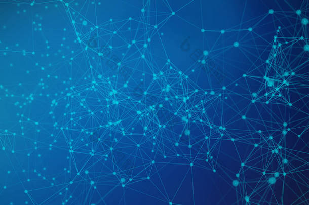蓝色数字数据和网络连接三角线和球体在未来主义技术概念在蓝色背景, 3d 抽象例证