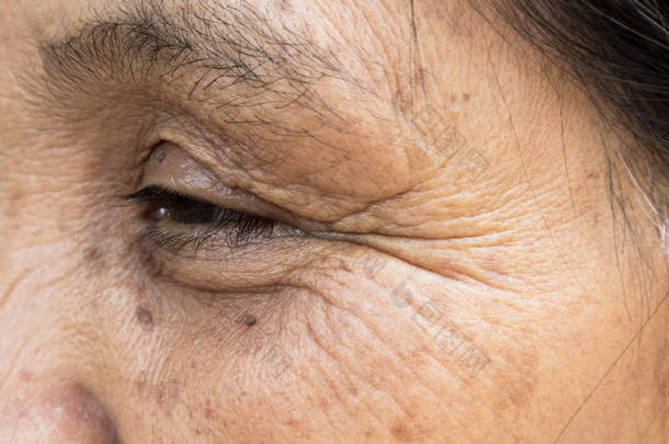 特写的脸皱老女人，<strong>衰老</strong>，皮肤护理概念