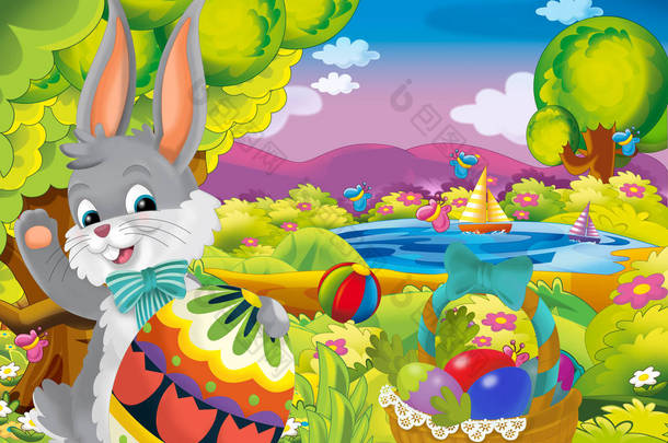 动画片愉快的复活节兔子与美丽的复活节蛋在自然春天背景-例证为孩子
