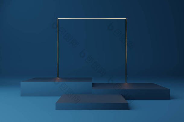 空旷的蓝色立方体讲台，金色<strong>边框</strong>，蓝色背景的金色正方形。摘要最小工作室3D几何<strong>形状</strong>对象.展示产品设计的模拟空间.3d渲染.