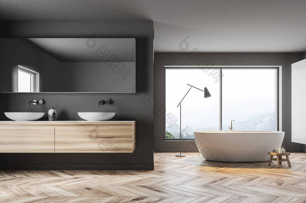 灰色墙壁全景浴室内饰与山景。一个优雅的白色浴缸站在窗口附近。它旁边有一个双水槽。3d 渲染模拟