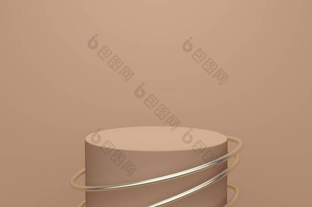 圆柱形讲台，背景是褐色的金戒指。产品促销的备份设计.3d渲染