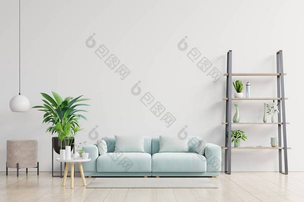 空荡荡的客厅里,有<strong>蓝色</strong>的沙发,植物和桌子在空荡荡的白墙背景上.3D渲染