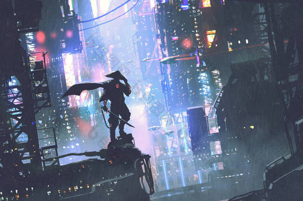 未来派武士雨夜站在网络朋克城市的一座建筑上，数码<strong>艺术风格</strong>，插图绘画