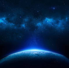 地球、太阳、恒星和星系的宇宙观。太阳从地球升起,从太空看.灯
