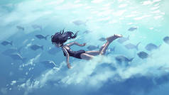 与一群鱼一起在海里潜水的年轻女子，数码艺术风格，插图绘画