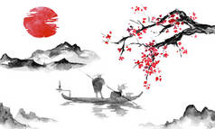 日本传统的染发漆。印第安墨水例证。人和船。山风景与樱花。日落, 黄昏。日语图片.