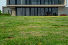 背景为现代房屋建筑风格不集中的前景中的封闭草场