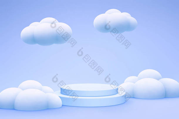 带圆柱形讲台、产品展台和云彩的淡蓝色背景。3D渲染